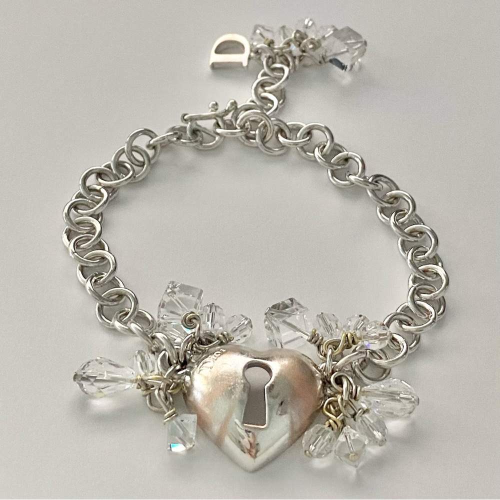 AUTH VTG Christian Dior Silver Chain Link Crystal Bead Heart Lock Charm Bracelet - Picture 5 of 13